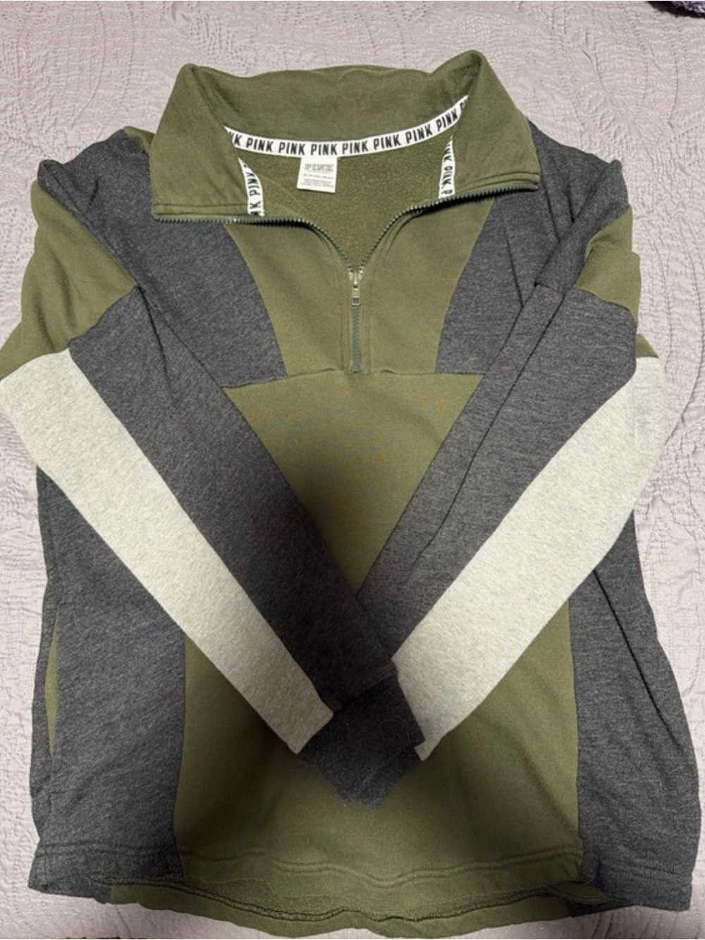 PINK Victoria's Secret Olive, Charcoal & Cream Quarter-Zip Colorblock Sweater